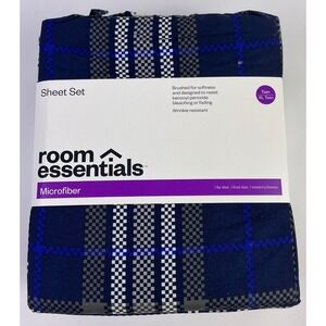Room Essentials Microfiber Sheet Set Twin XL‎ Blue Gray Plaid Wrinkle Resistant